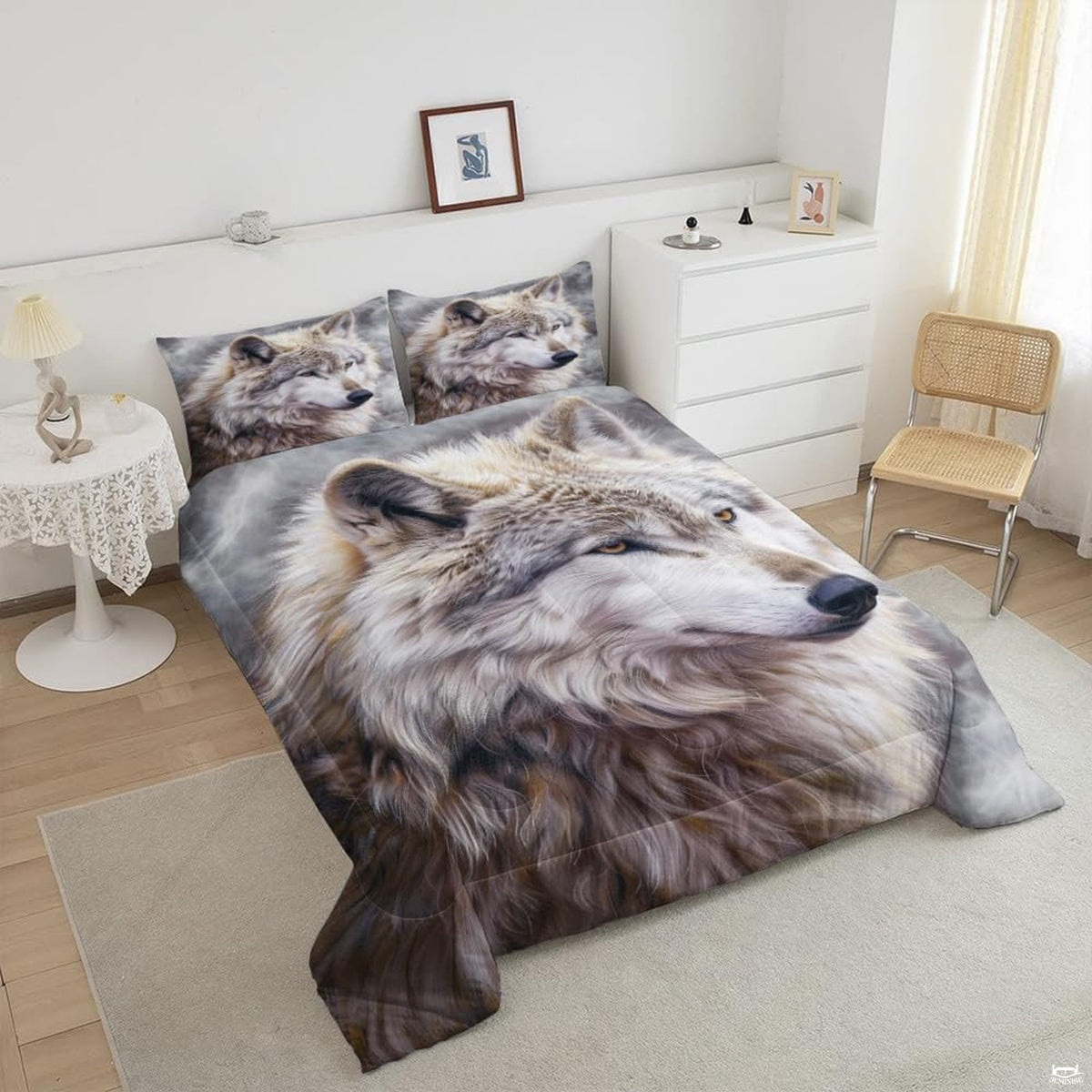 Angled view of white and gray wolf face artwork on neutral bedding
