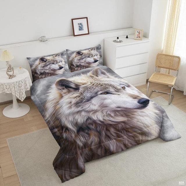 Angled view of white and gray wolf face artwork on neutral bedding