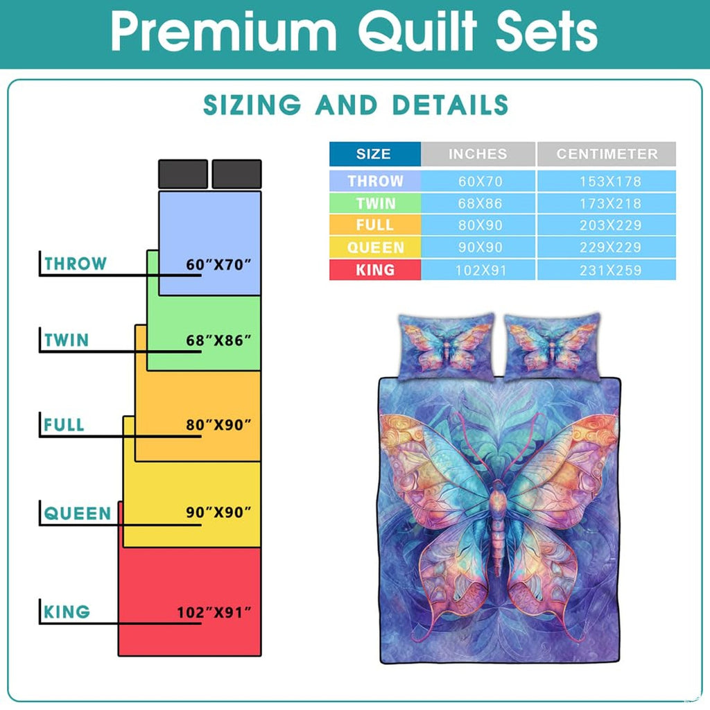 High-angle view of butterfly garden bedding set showcasing balanced geometric patchwork tiles and floral motifs on bed.