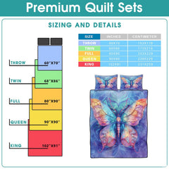 High-angle view of butterfly garden bedding set showcasing balanced geometric patchwork tiles and floral motifs on bed.