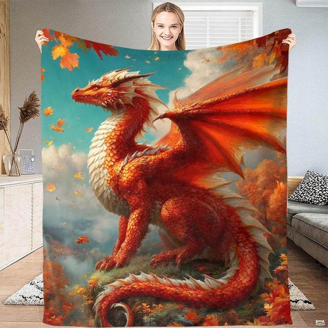 Autumn mountain red dragon throw blanket held open by woman