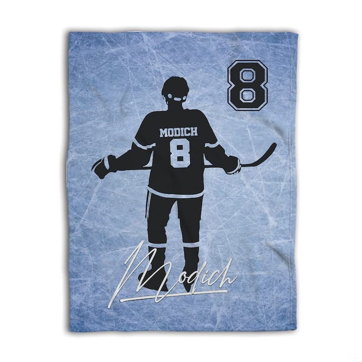 Ice rink texture background graphic with skater silhouette and script signature detail