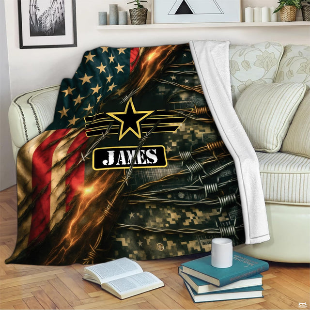 Detailed view of digital camouflage artwork and barbed wire graphics on army camo bedding.