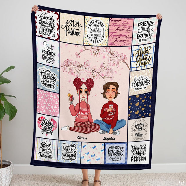 Two friends beneath cherry blossom branches friendship collage throw blanket