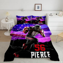 Electric lilac footballer silhouette sports bedding featuring an athletic soccer player in motion on a bed