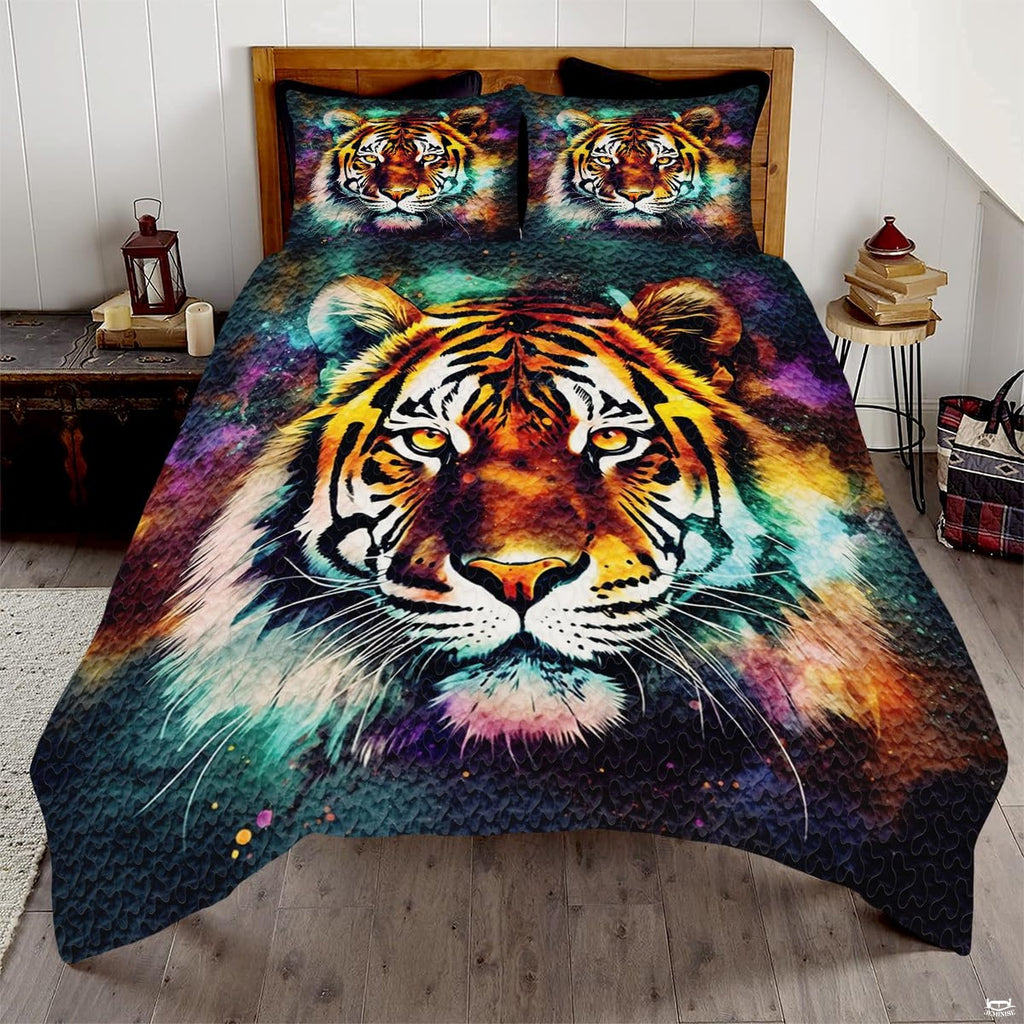 Watercolor tiger portrait in vivid teal purple orange and yellow
