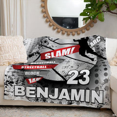 Urban dunk basketball throw blanket view 6 highlighting mid-air player silhouette and grunge graphics