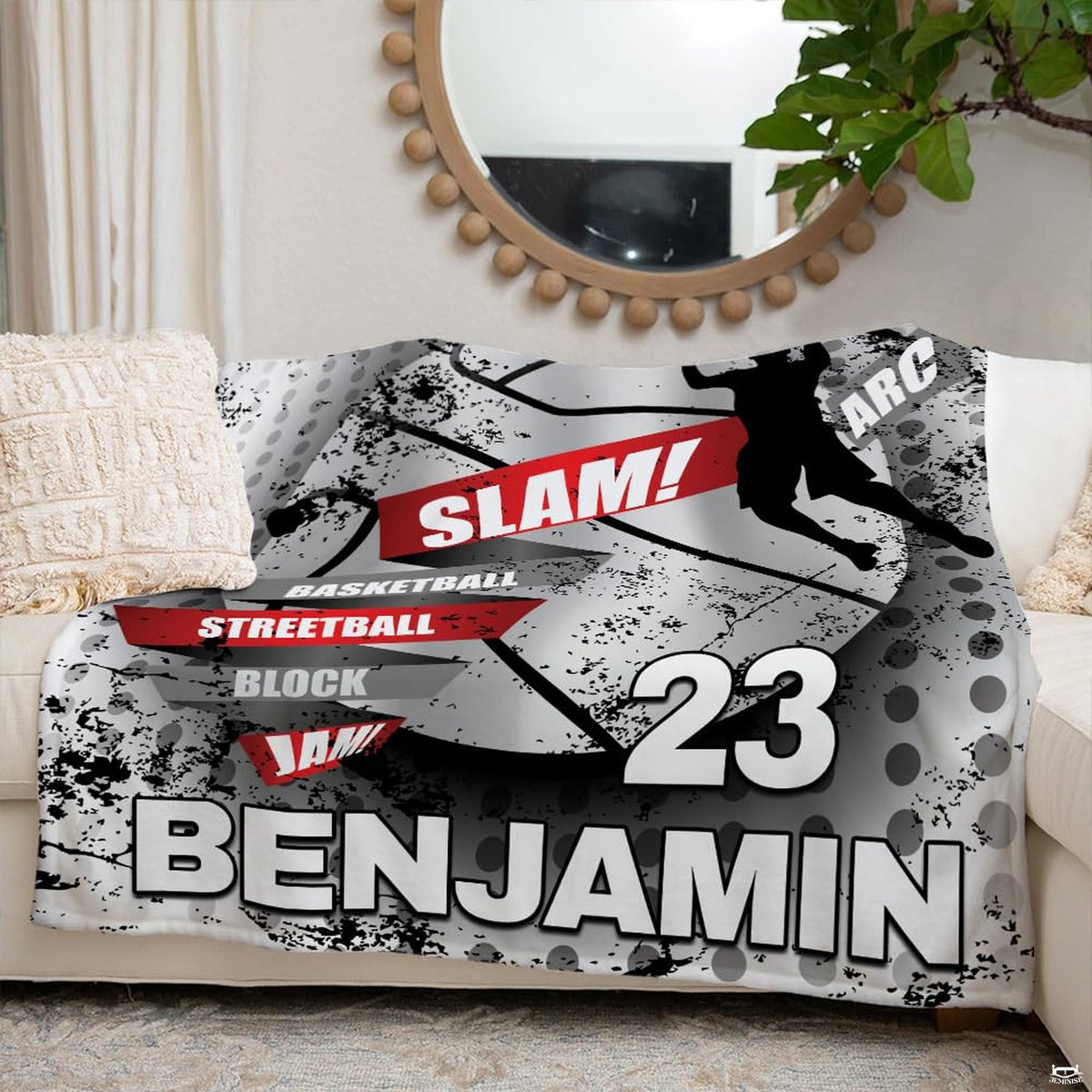 Urban dunk basketball throw blanket view 6 highlighting mid-air player silhouette and grunge graphics