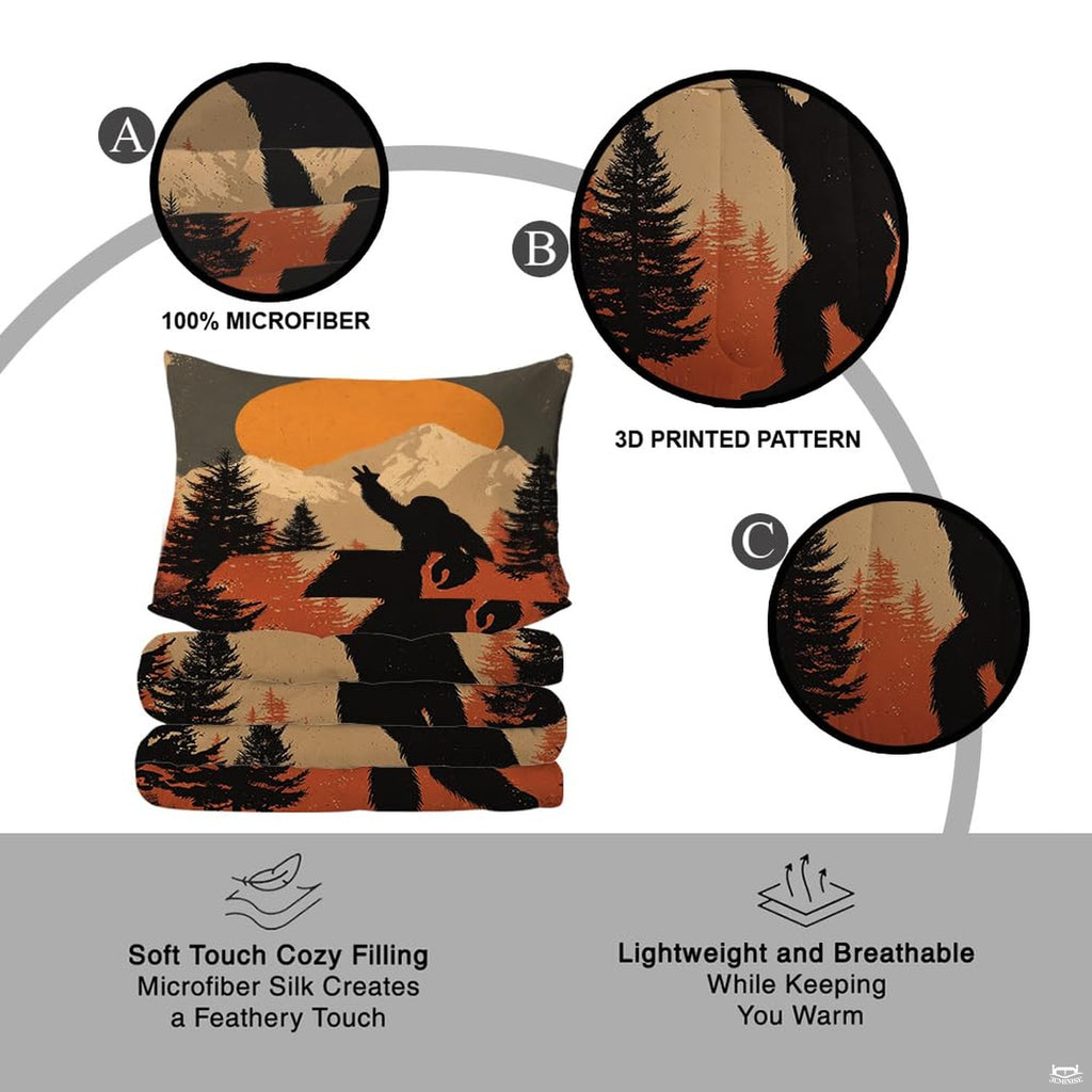 Rustic cabin bedroom styling of bigfoot bedding set displayed neatly on a mattress with natural wood decor.
