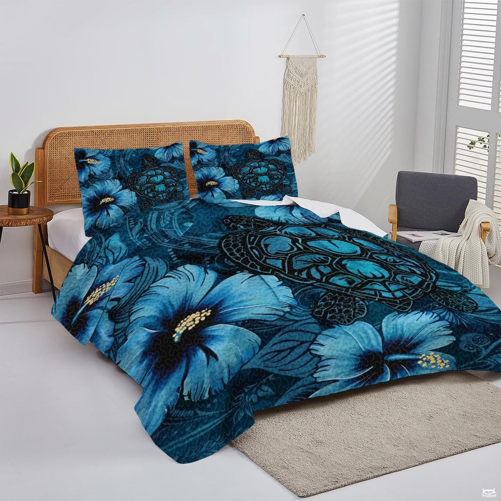 Overhead perspective of turtle bedding arranged across an ocean island-inspired mattress
