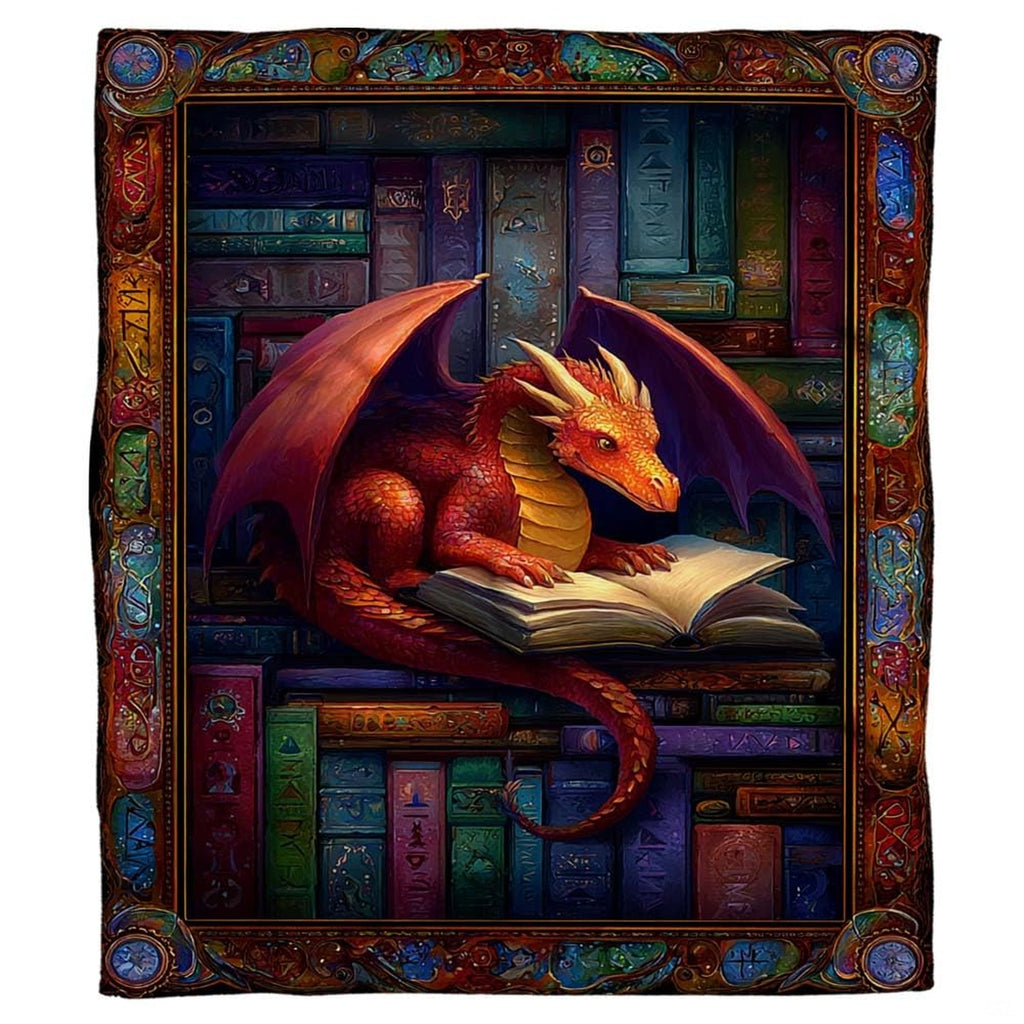 Fantasy dragon bookshelf throw blanket view 2 highlighting book stacks, dragon wings, and mosaic border