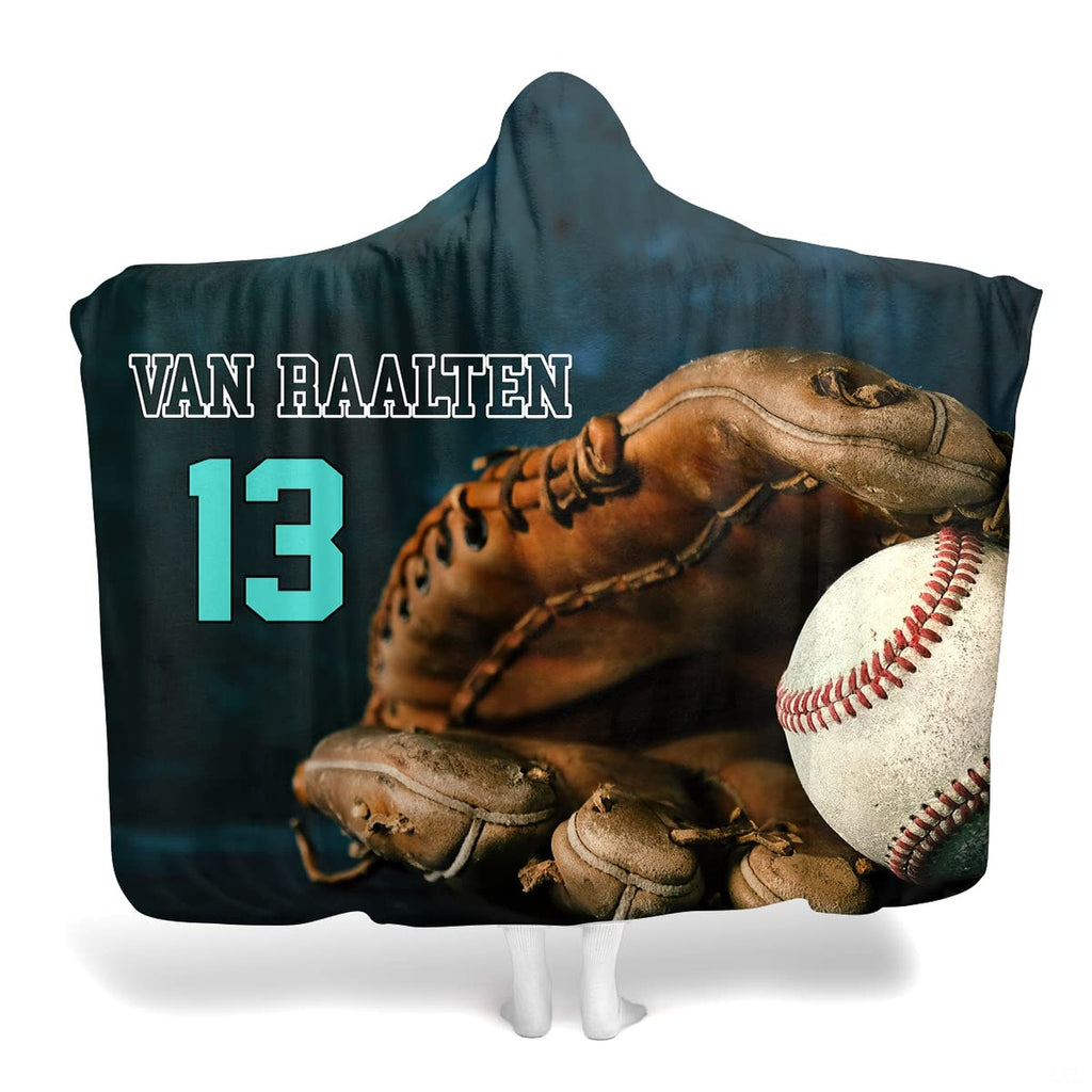 Frontal view of vintage baseball mitt holding a ball beside teal varsity lettering on slate background.