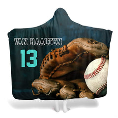 Frontal view of vintage baseball mitt holding a ball beside teal varsity lettering on slate background.
