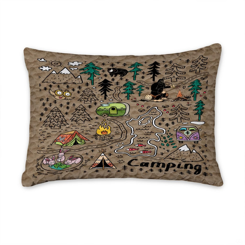 Matching pillow shams displaying an illustrated wilderness map on a kraft parchment bedding set