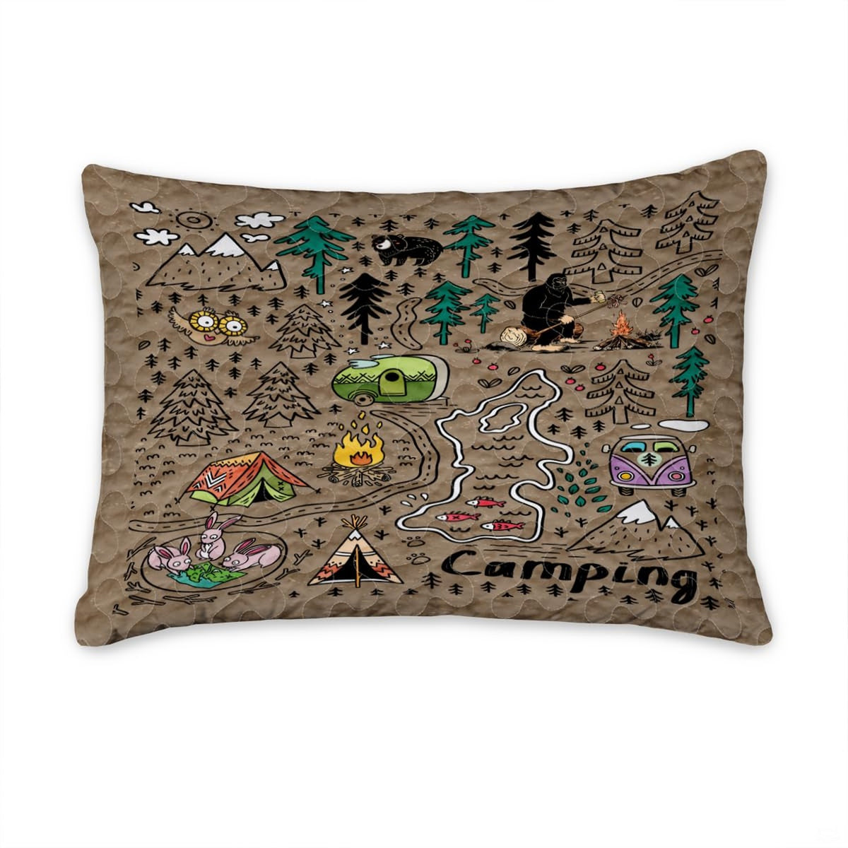 Matching pillow shams displaying an illustrated wilderness map on a kraft parchment bedding set