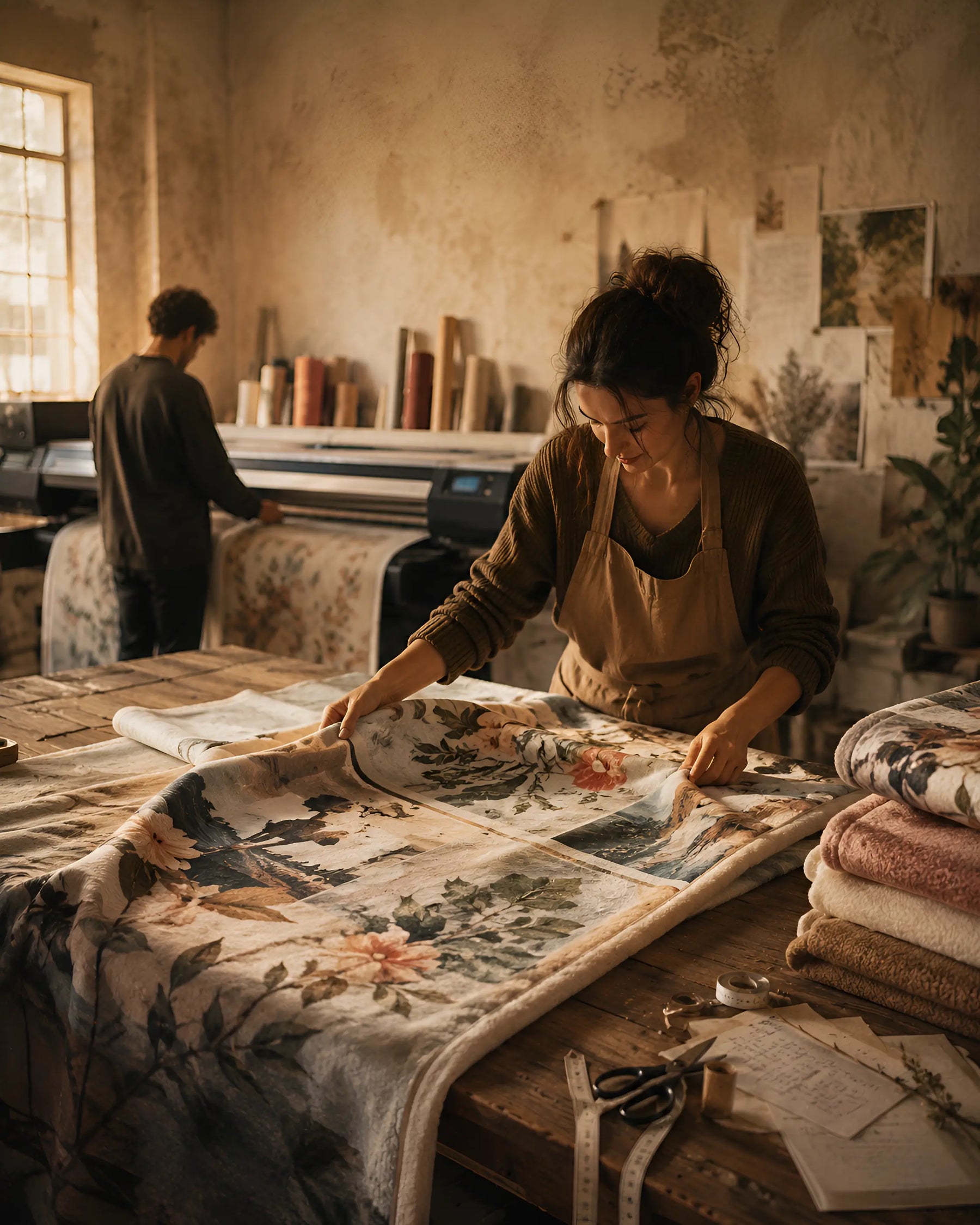 A woman in a workshop arranges a large floral textile on a table, with another person working at a computer in the background. The room has warm rustic walls, tools, and stacks of folded textiles.