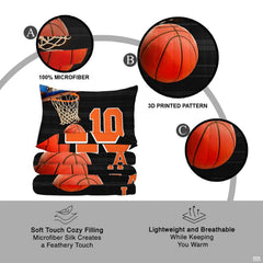 Overhead view of athletic basketball sports bedding spread across a contemporary bedroom bed setup