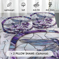 Dragonfly Couple Quilt Set, Dragonflies Patchwork Style Quilt Set - Cotton Quilt Bedding, Patchwork Pattern Quilt Bedspread, Dragonfly Stained Glass Style Bedding Gift