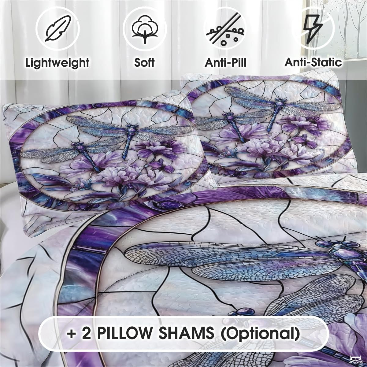 Dragonfly Couple Quilt Set, Dragonflies Patchwork Style Quilt Set - Cotton Quilt Bedding, Patchwork Pattern Quilt Bedspread, Dragonfly Stained Glass Style Bedding Gift