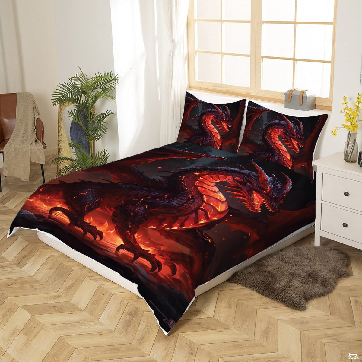 Close-up perspective of fantasy bedding detailing sharp dragon horns, incandescent magma chest, and razor talons