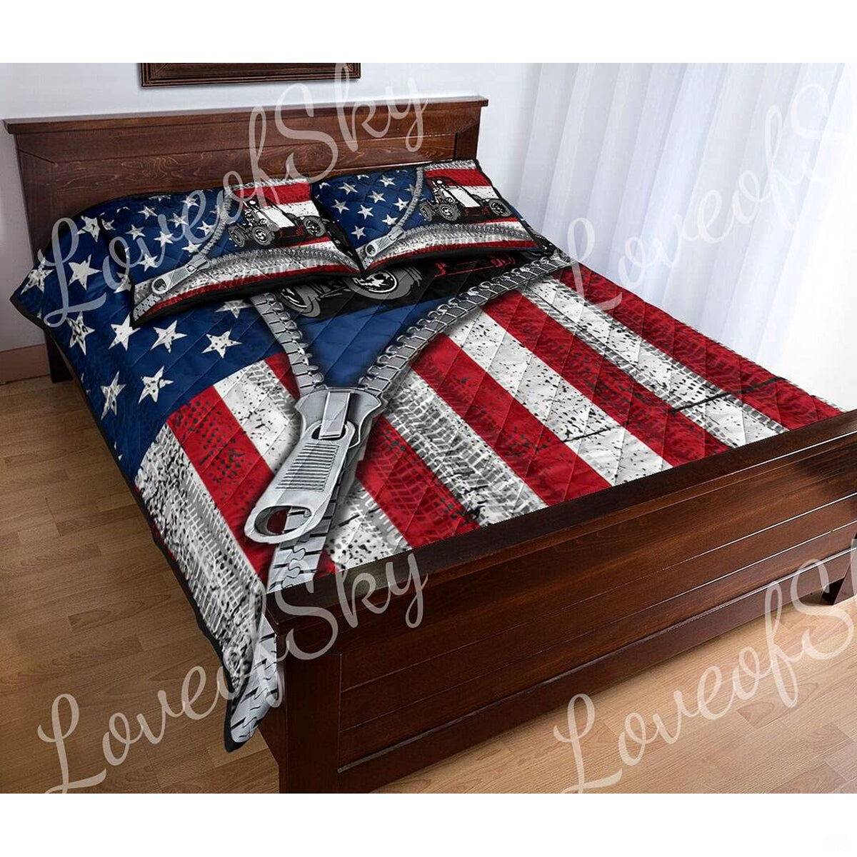 Matching pillowcase detail for sprint car bedding set showing coordinating American flag and race car print