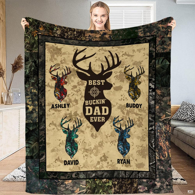 Camo deer hunting best buckin dad ever wildlife blanket showing buck silhouette view 1