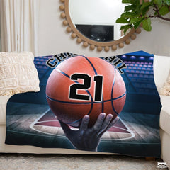 Personalized Basketball Held By Hand on Court Blanket with Name and Number