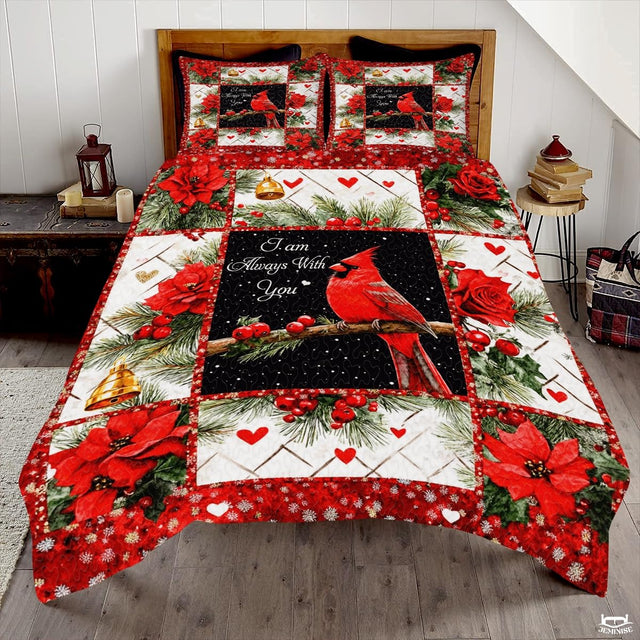Christmas Cardinal on Branch Within Patchwork Winter Quilt