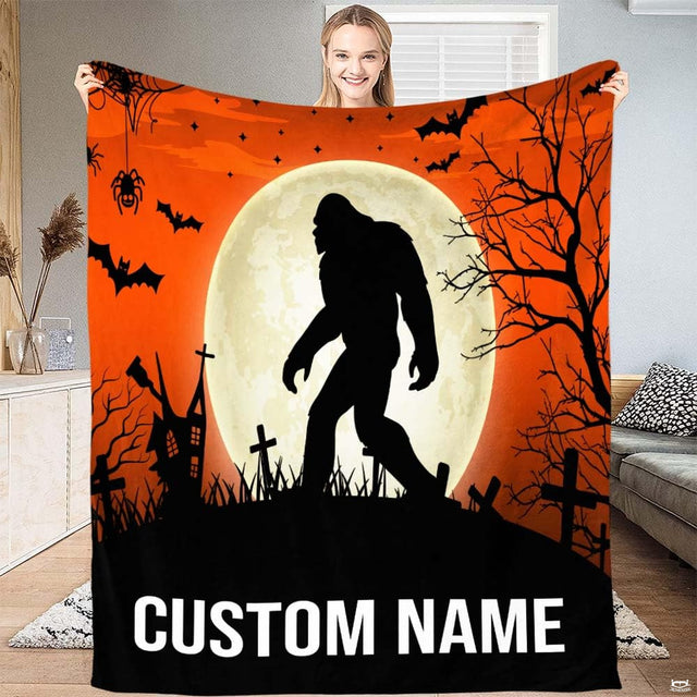 Halloween Bigfoot bedding set displaying a cryptid silhouette in a graveyard beneath a glowing thematic accent moon.