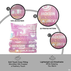 Full overhead view of colorful monogram typography bedding spread across a contemporary bedroom bed arrangement