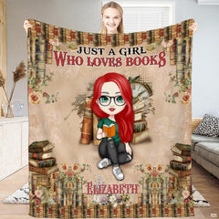 Cartoon red-haired girl with glasses reading among vintage book borders, view 1.