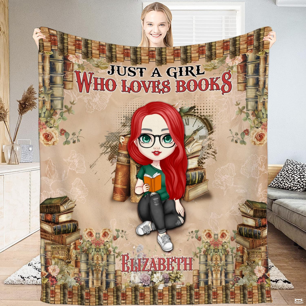 Cartoon red-haired girl with glasses reading among vintage book borders, view 1.