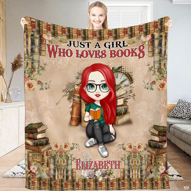 Cartoon red-haired girl with glasses reading among vintage book borders, view 1.