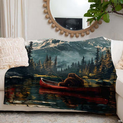Scenic oil painting of Bigfoot fishing in red canoe on alpine lake, view 5.