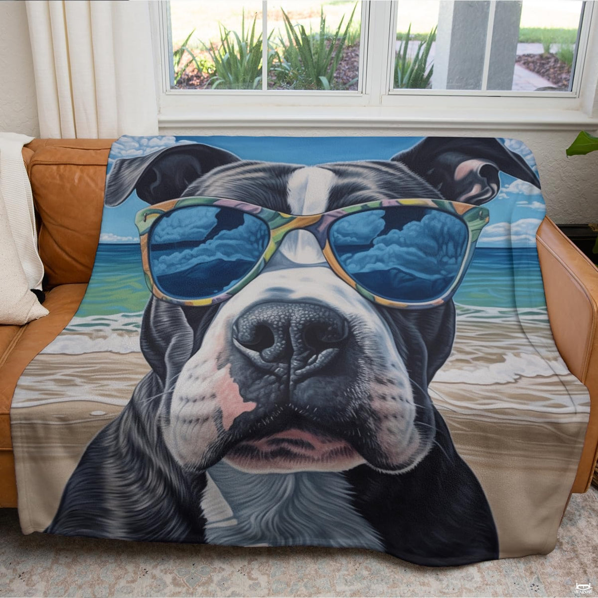 Folded beach sunglasses pitbull throw blanket resting on wooden table displaying coastal colors