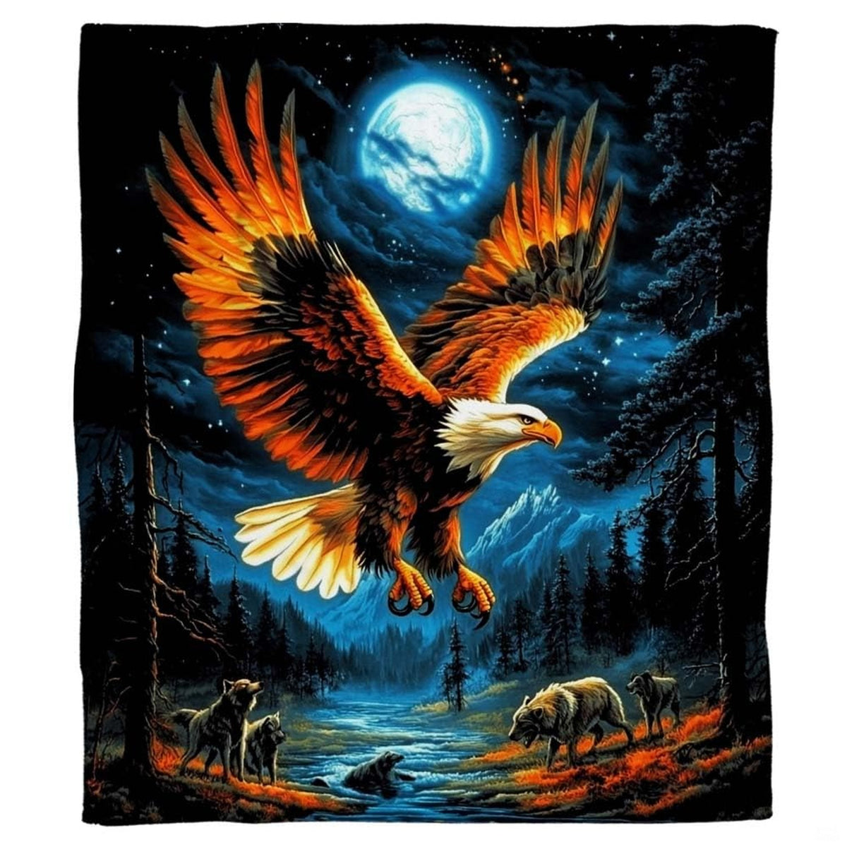 Soaring eagle wolves full moon throw blanket view 2 detailing nocturnal wildlife artwork
