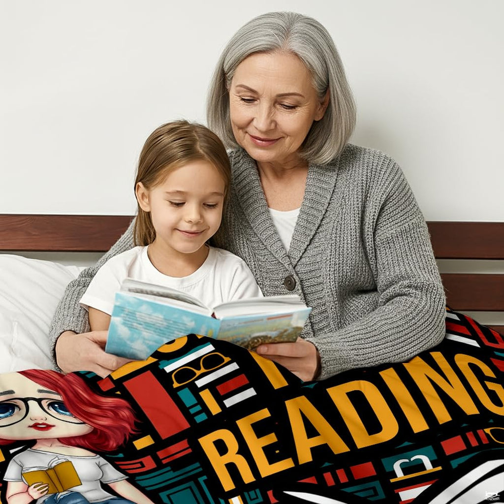 Detail view of colorful book spine patterns and glasses icons on reader throw blanket.