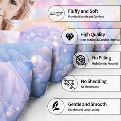 Close up view of sparkling tiara, pastel floral gown details, and glowing rainbow clouds.