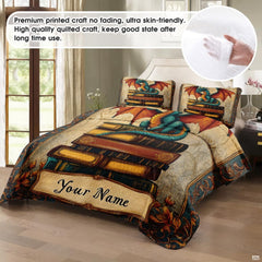 Dragon and literary book stack bedding arrangement displayed in cozy bedroom setting.