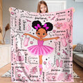 Illustrated Black ballerina girl in pink tutu with pointe shoes dance motifs on pink background.