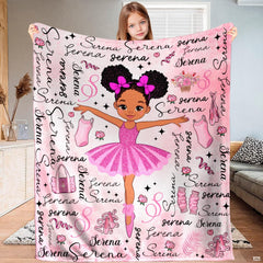 Illustrated Black ballerina girl in pink tutu with pointe shoes dance motifs on pink background.