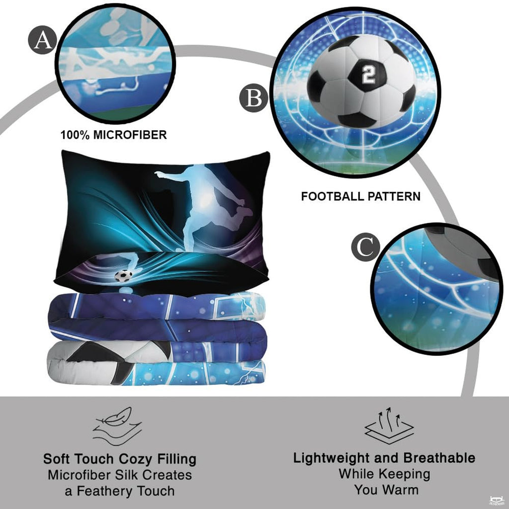Overhead view of royal blue soccer cleats bedding arranged neatly across an athletic youth bedroom mattress