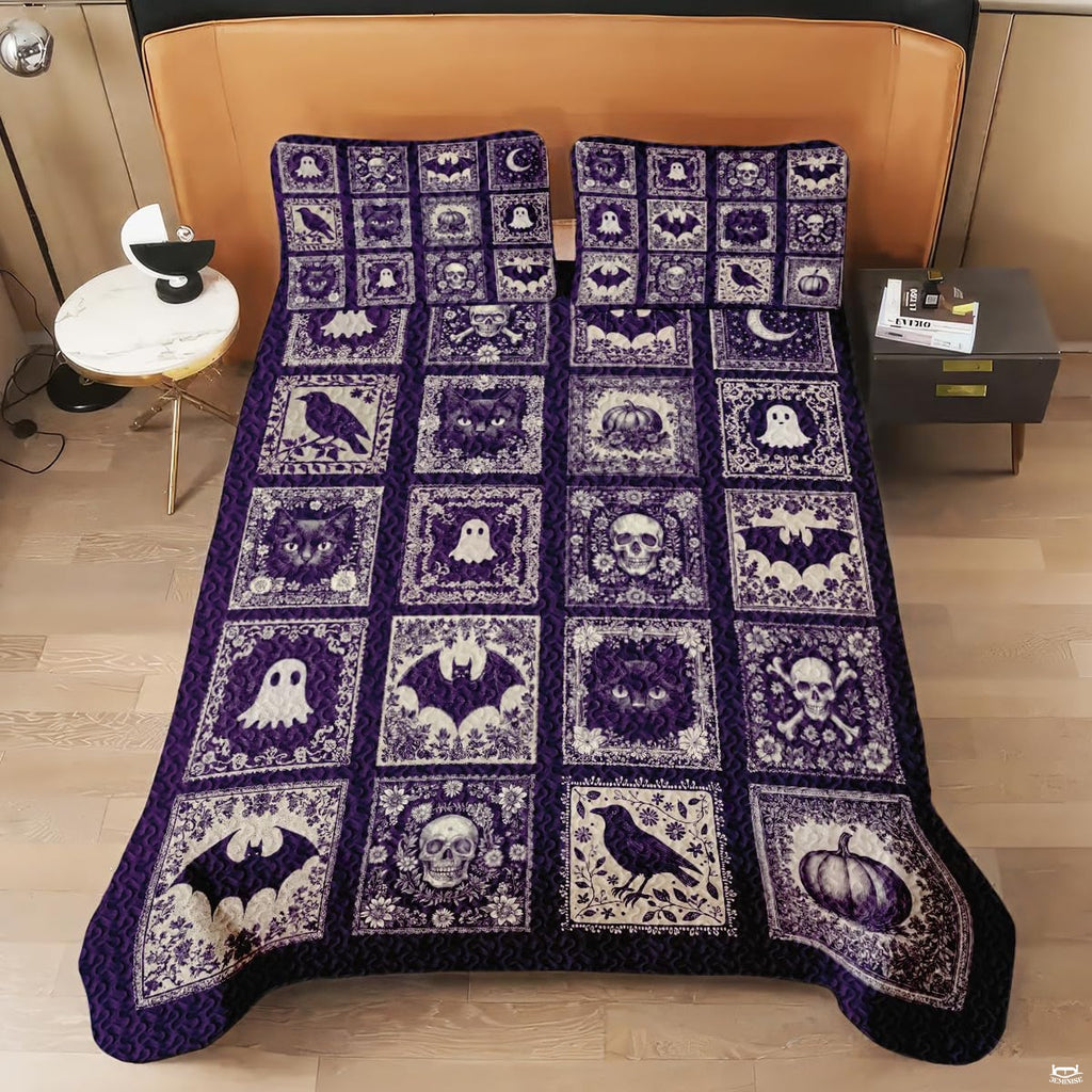 Purple gothic bed sheets styled in an ambient bedroom setting accentuating deep purple and cream illustrations.