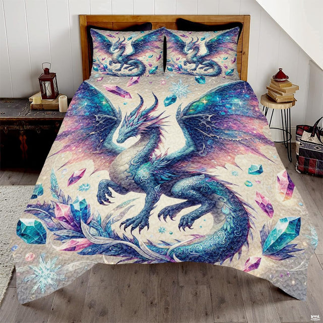 Sparkling crystal gem dragon fantasy bedding set displayed on a bed in an elegant bedroom