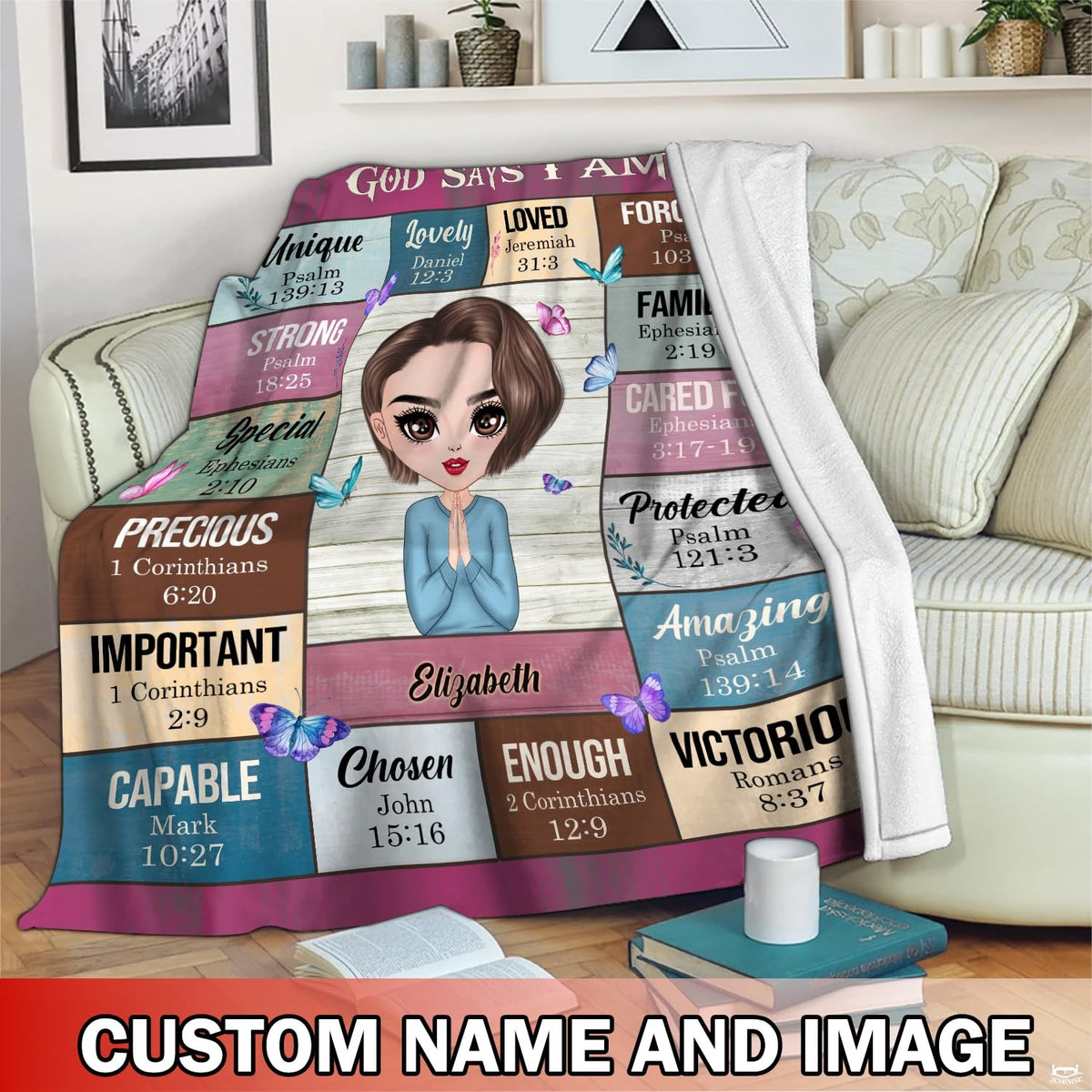 Praying girl scripture affirmations blanket held outdoors in autumn park