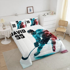 Close-up perspective of ice hockey bedding showing detailed watercolor pigment splatters and skater silhouette