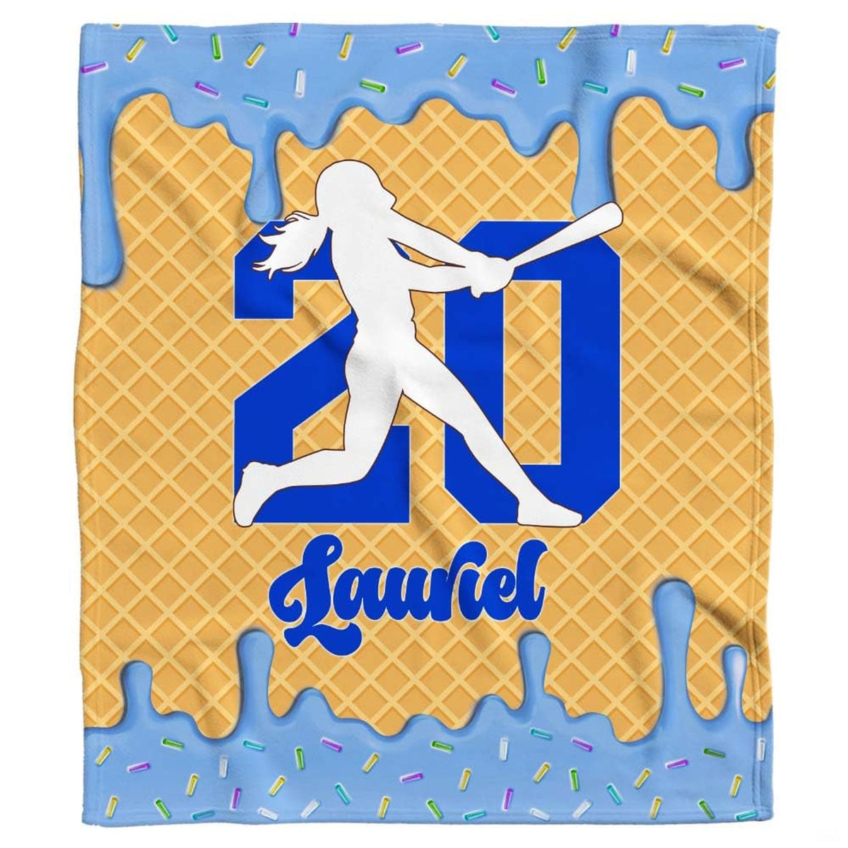 Detail perspective of waffle cone texture and melting frosting glaze on sports throw blanket.