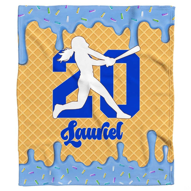 Detail perspective of waffle cone texture and melting frosting glaze on sports throw blanket.