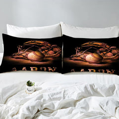 Side angle view of athletic sports bedding showing dusty rose mauve and black tones draped on mattress