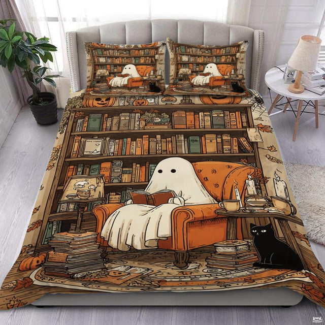 Cute ghost library reader Halloween bedding with black cat - view 1